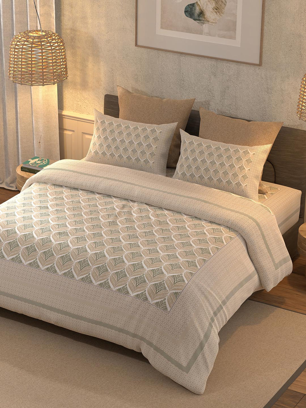 BELLA CASA Beige & Off White Ethnic Motifs 350 TC King Bedsheet with 2 Pillow Covers | Grocsy