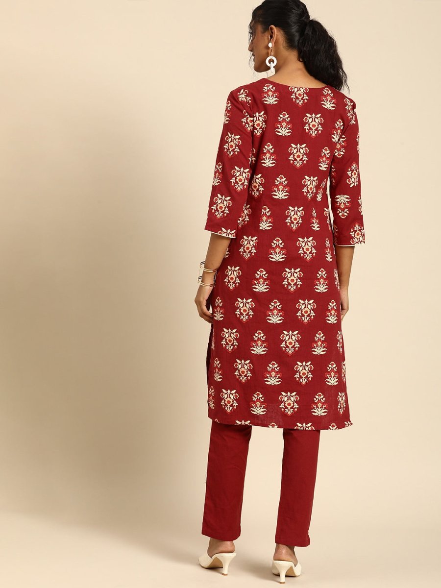 All About You Women Red Floral Printed Pure Cotton Regular Kurta with Trousers | Grocsy