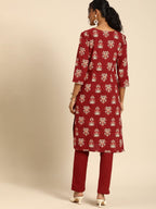 All About You Women Red Floral Printed Pure Cotton Regular Kurta with Trousers | Grocsy