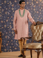 House of Pataudi Ethnic Motifs Embroidered Mandarin Collar Straight Kurta With Churidar | Grocsy