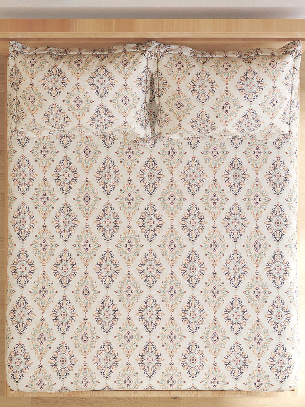 Home Centre Beige & Navy Blue Ethnic Motifs Cotton 150 TC King Bedsheet & 2 Pillow Covers | Grocsy