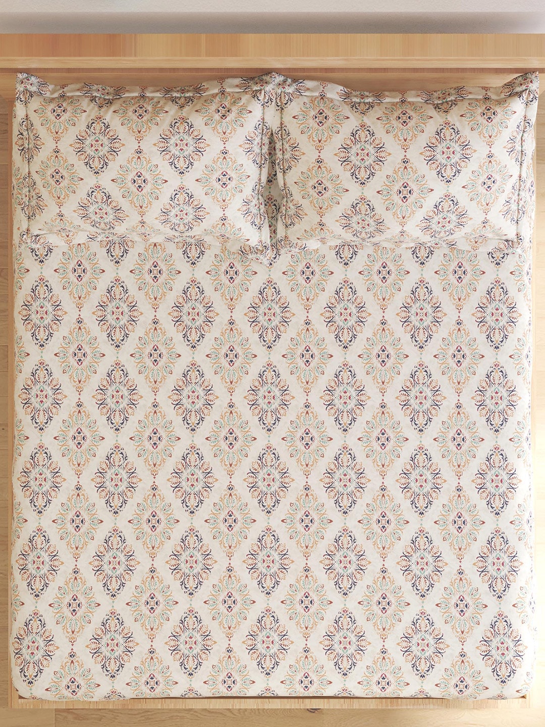 Home Centre Beige & Navy Blue Ethnic Motifs Cotton 150 TC King Bedsheet & 2 Pillow Covers | Grocsy