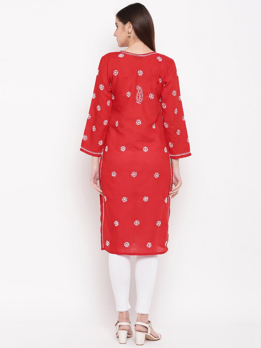 ADA Women Red & White Chikankari Hand Embroidered Straight Sustainable Kurta | Grocsy