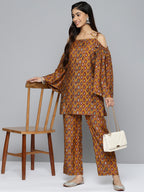 HERE&NOW Women Ethnic Motifs Printed Cold-Shoulder Kurta with Palazzos | Grocsy