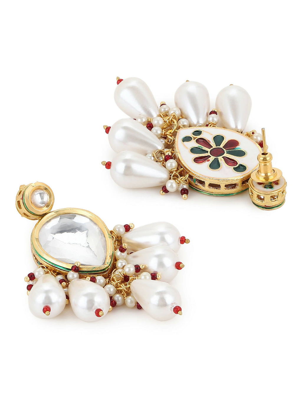 Gold-Toned White Kundan Contemporary Gold-Polished Drop Earrings - Ruby Raang | Grocsy
