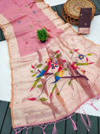 Vastranavya Pink Muga Cotton Meenakari & Munia Weaving Pallu Saree with Contrast Blouse | Grocsy