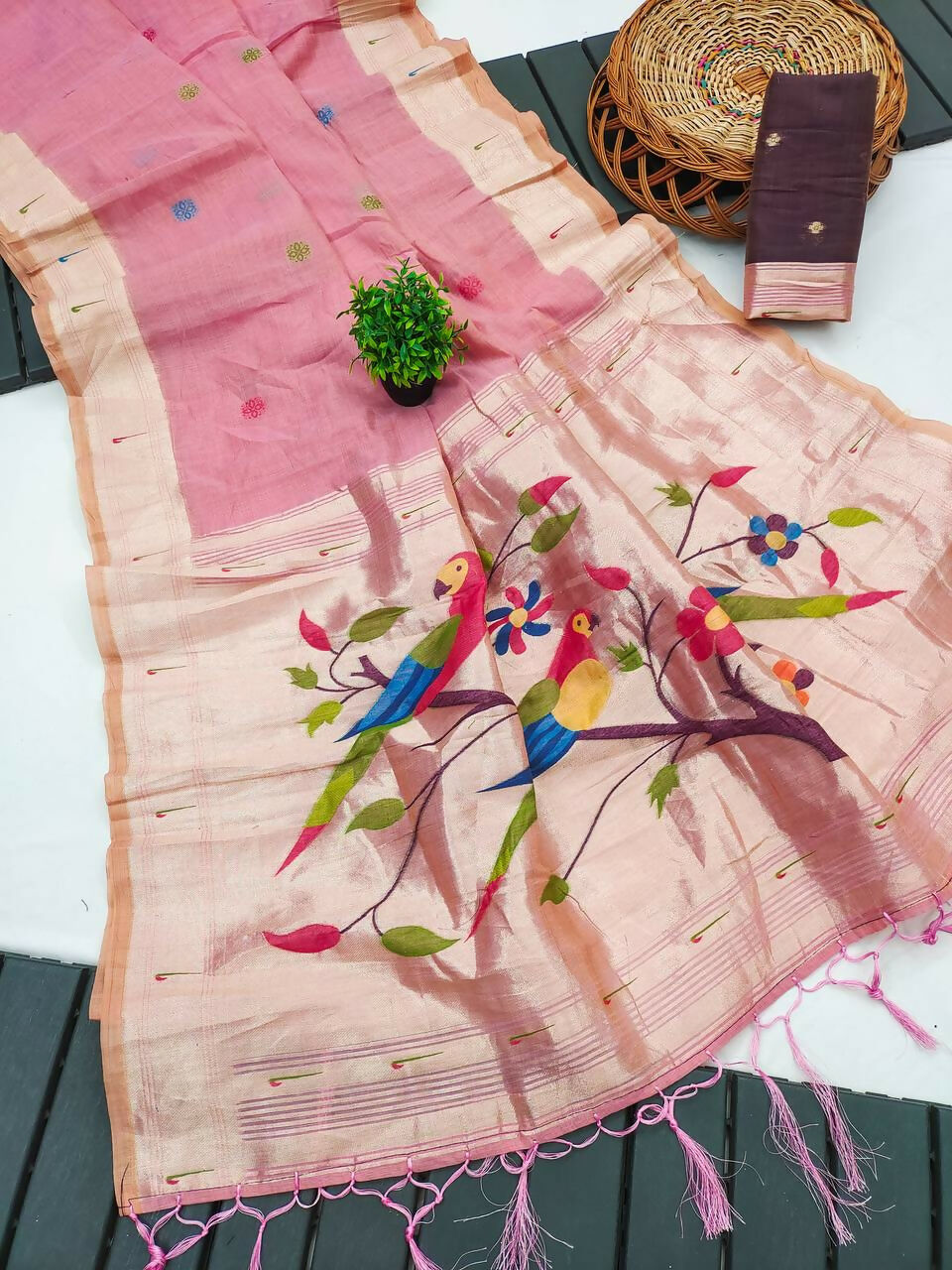 Vastranavya Pink Muga Cotton Meenakari & Munia Weaving Pallu Saree with Contrast Blouse | Grocsy
