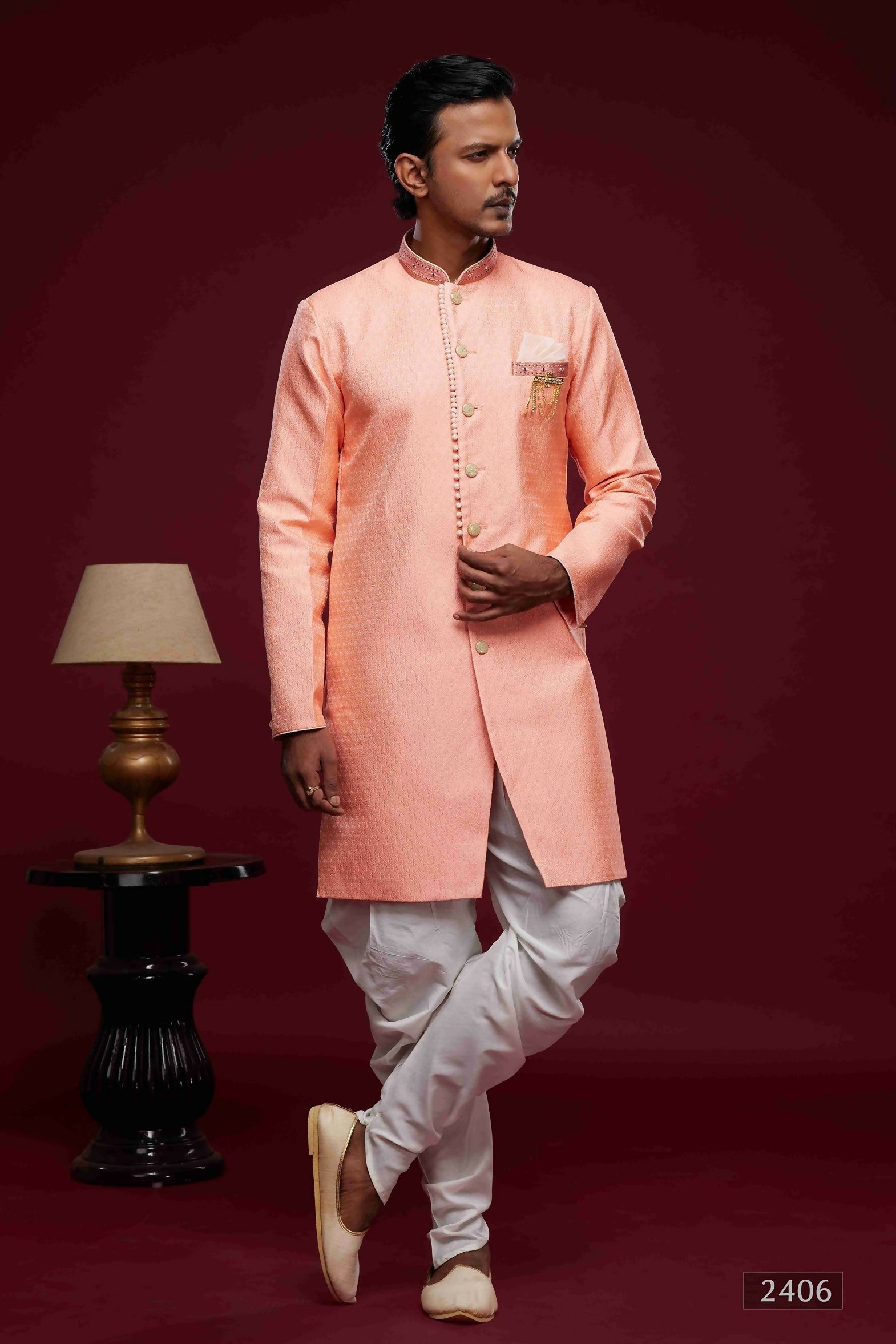 Raivat Ethnic Banarasi Jacquard Embroidery Semi Indo Western Sherwani In Pink Colour | Grocsy