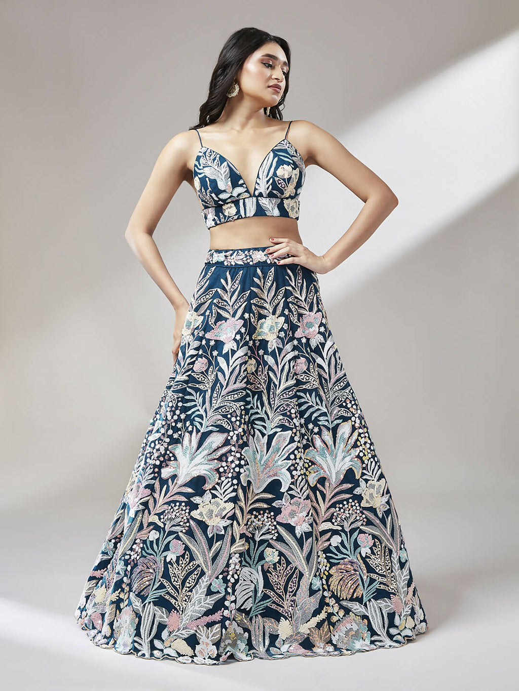 House of Panchhi Navy blue Net Sequinse Work Lehenga & Blouse with Dupatta | Grocsy