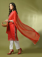 Myshka Women's Red Printed Kota Straight Party Kurta Set With Dupatta | Grocsy