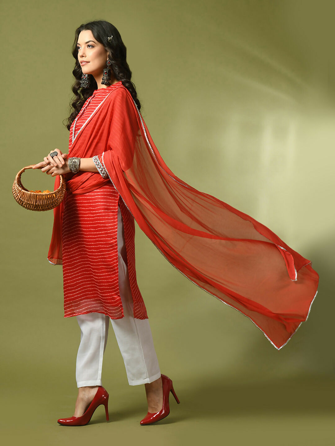 Myshka Women's Red Printed Kota Straight Party Kurta Set With Dupatta | Grocsy