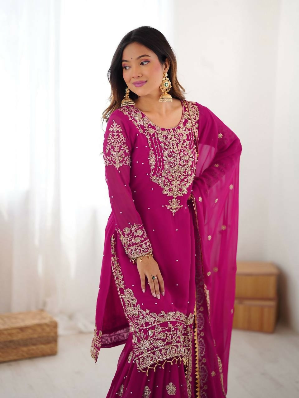 Teeya Creation Pink Color Faux Georgette Embroidery Work Wedding Wear Sharara | Grocsy