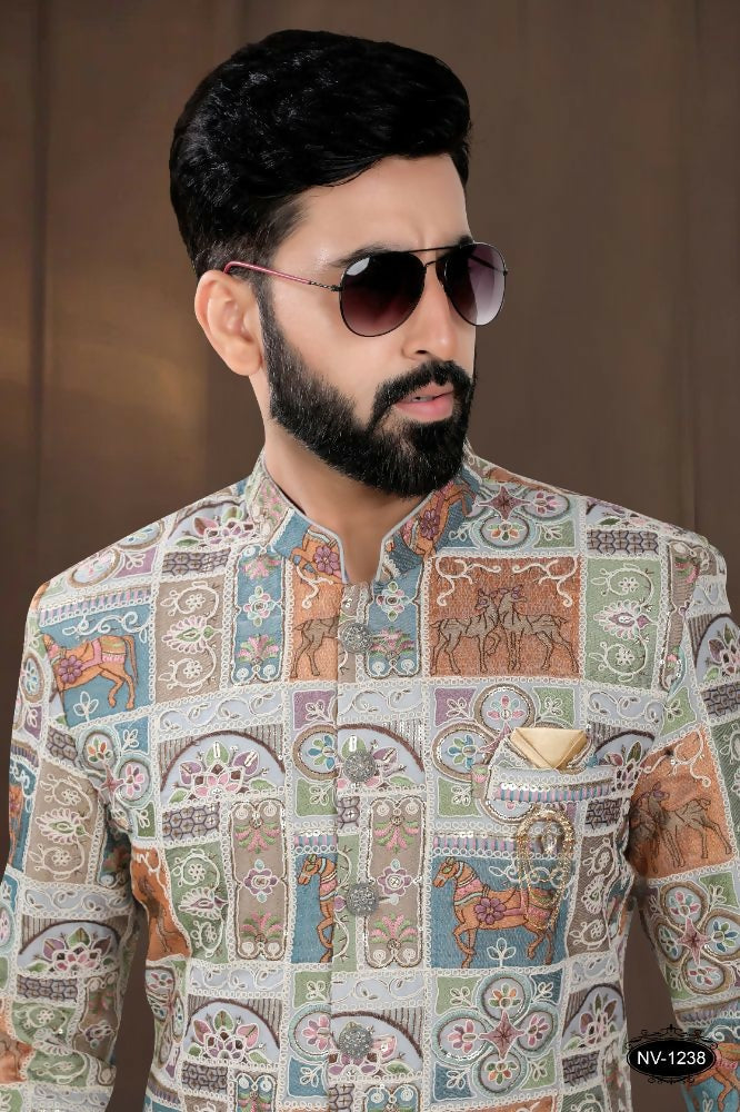 Joban Fashion Men's Base Blue(Multi Colours) Georgette Kurta with Pyjama | Grocsy