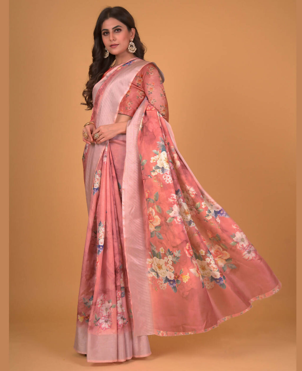 Peach Cotton Silk Floral Printed Saree With Unstitched Blouse Piece - Akshita | Grocsy