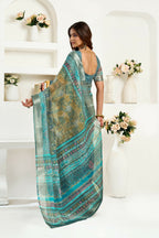 Joban Fashion Petrol Ethinic Motifs Linen Ready To Wear Saree With Unstitched Blouse | Grocsy