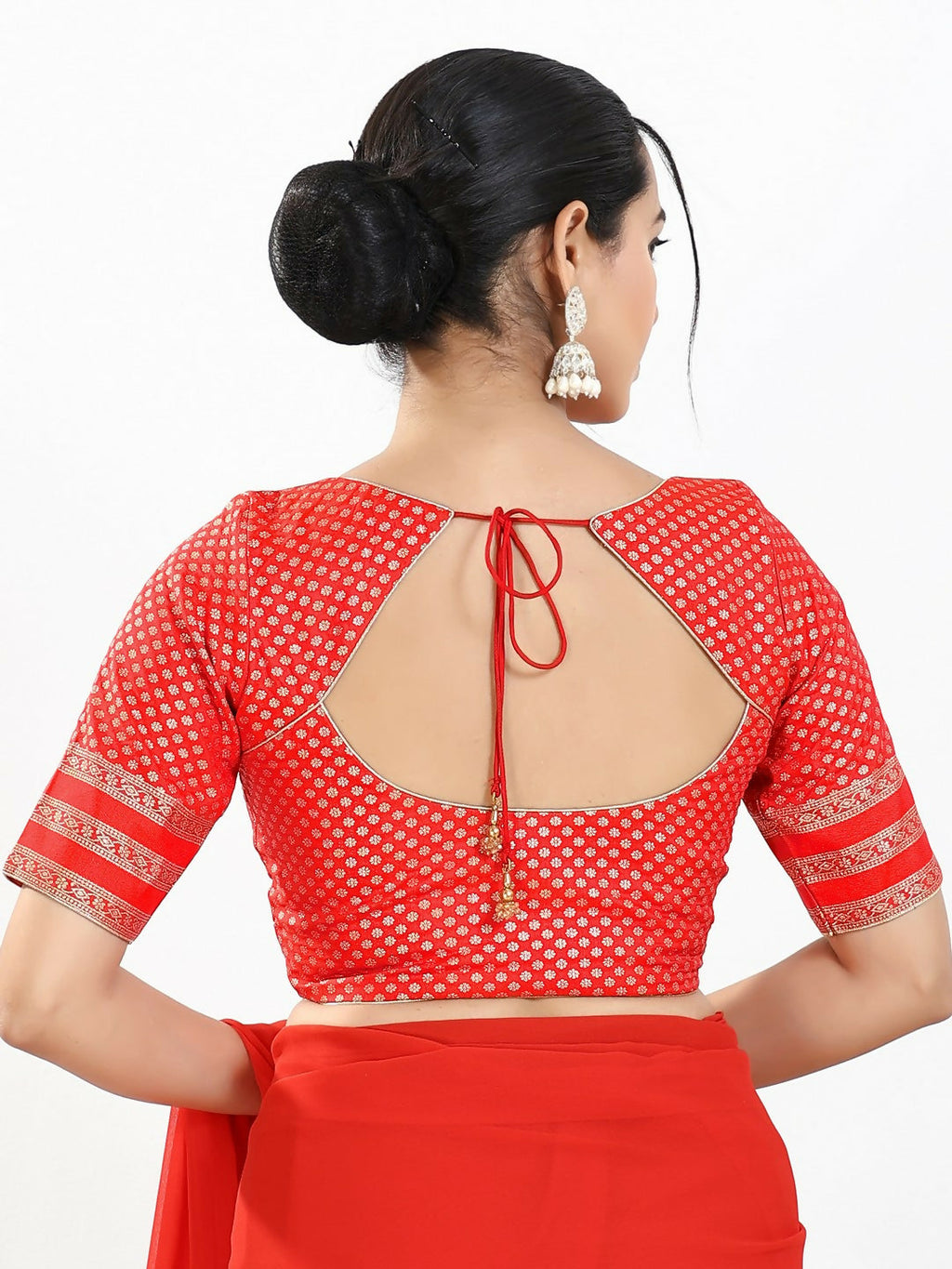 Joban Fashion Red Brocade Padded Blouse With Round Neck Elbow Sleeves | Grocsy