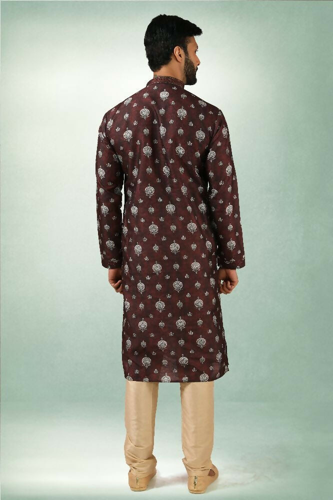 Raivat Ethnic Art Silk Printed Work Kurta Pajama In Brown Colour | Grocsy
