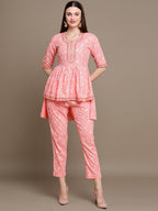 HERE&NOW Floral Printed Embroidered Sequinned High-Low Kurti with Trouserss | Grocsy