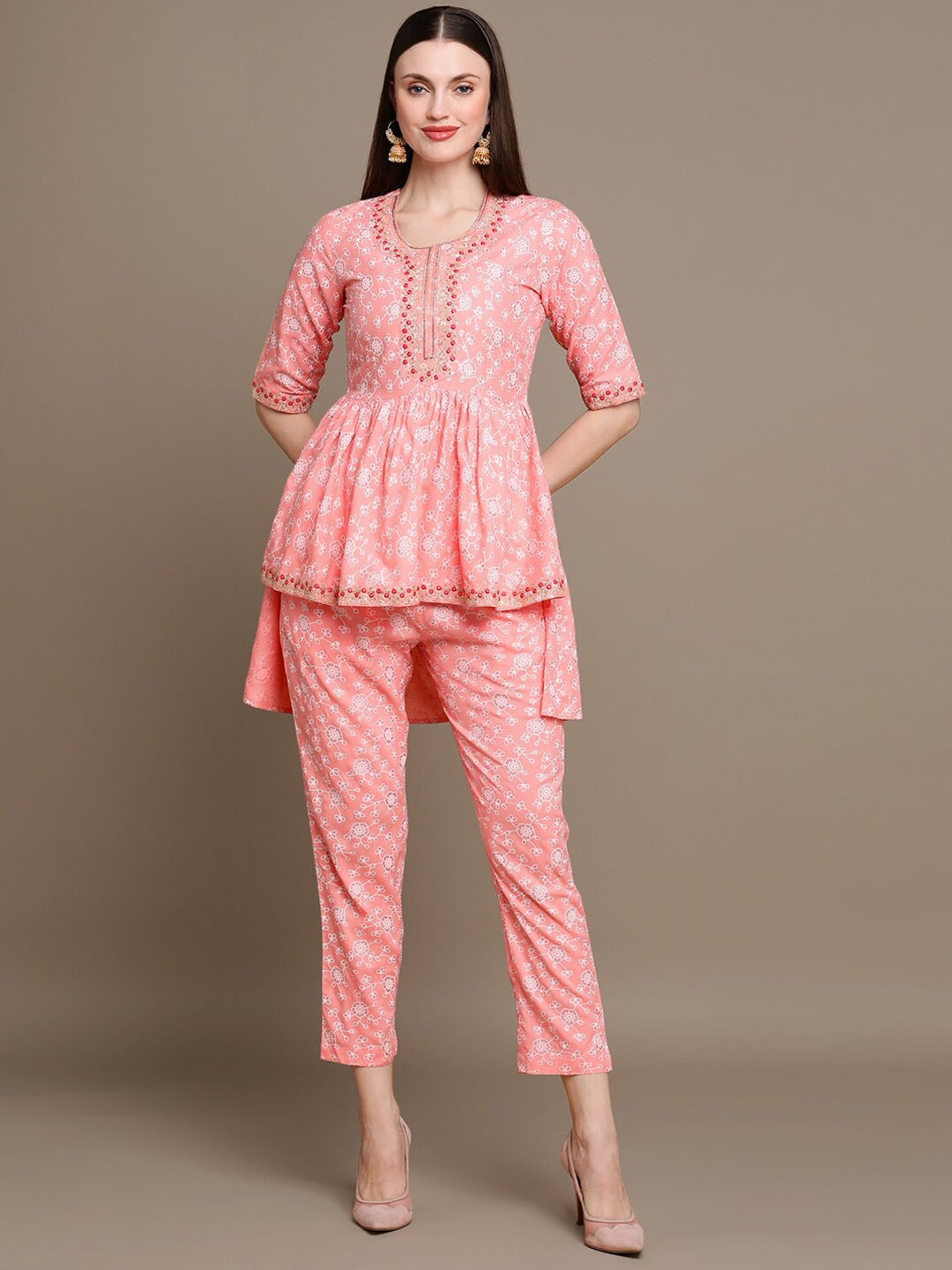 HERE&NOW Floral Printed Embroidered Sequinned High-Low Kurti with Trouserss | Grocsy