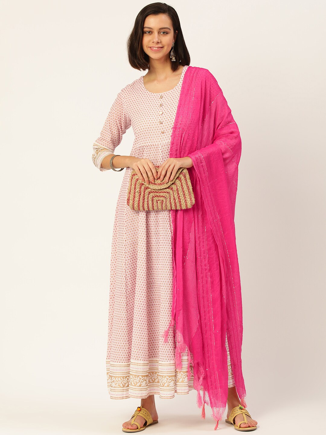 HERE&NOW Printed Anarkali Cotton Kurta With Dupatta | Grocsy