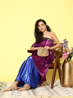 InWeave Women's Wine Navy Brocade Satin Oneshoulder Blue Palazzo Set | Grocsy