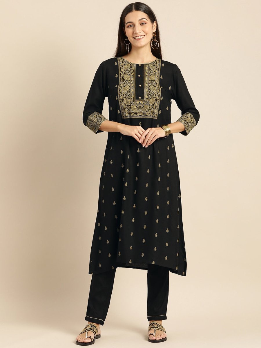 All About You Women Black & Mustard Yellow Printed Kurta with Trousers | Grocsy