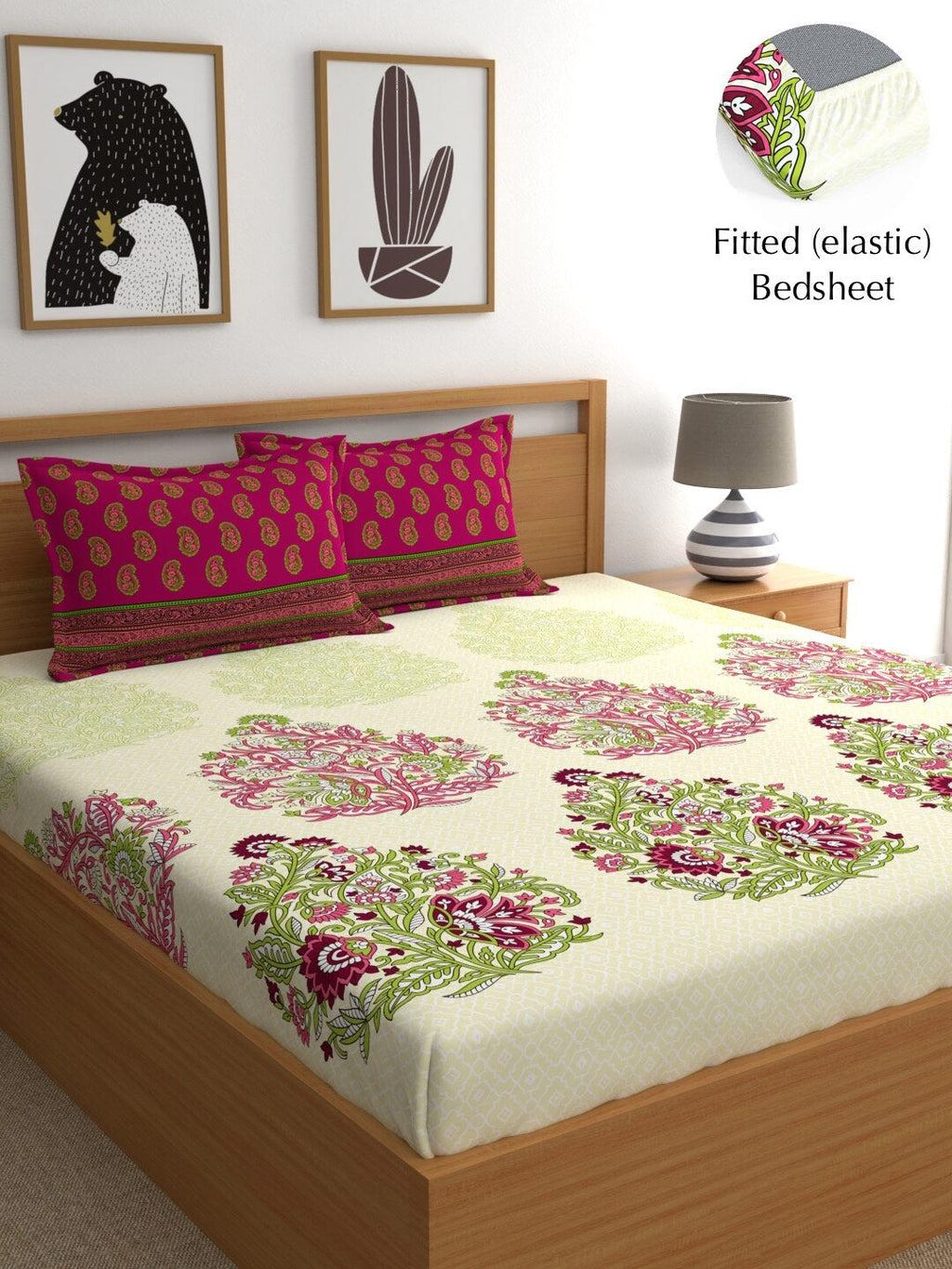 My Room Pink & Green Ethnic Motifs 140 TC Fitted Cotton King Bedsheet & Pillow Covers | Grocsy