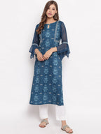 Janasya Women Blue Floral Printed Straight Kurta | Grocsy