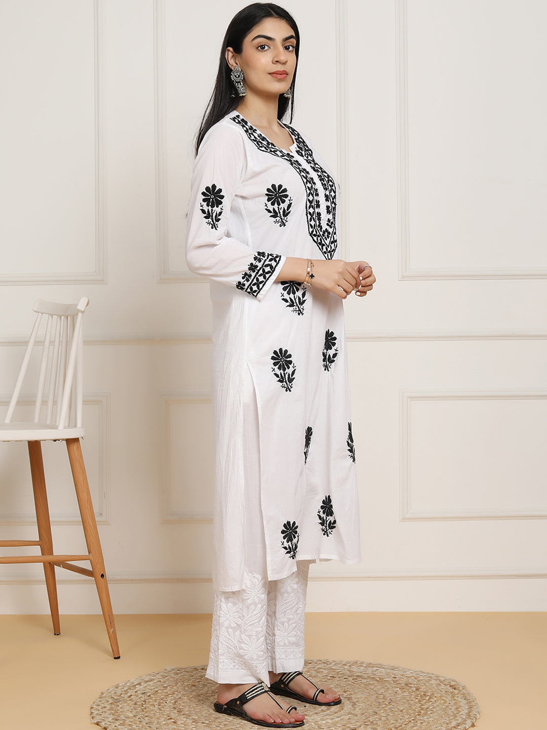 HOUSE OF KARI Women Ethnic Motifs Embroidered Regular Chikankari Pure Cotton Kurta with Trousers | Grocsy