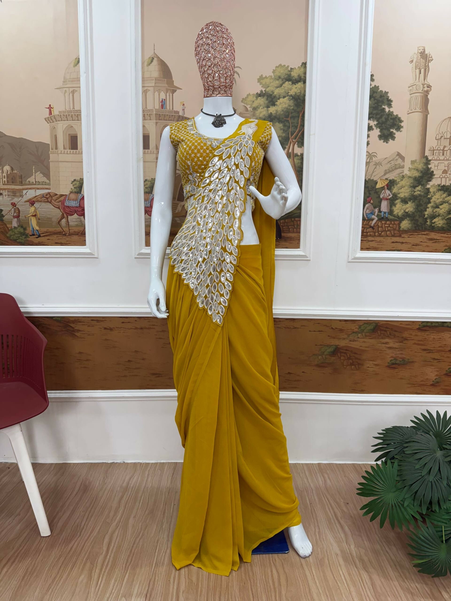 Teeya Creation Yellow Color Faux Georgette Embroidery Work Party Wear Ready To Wear Saree | Grocsy