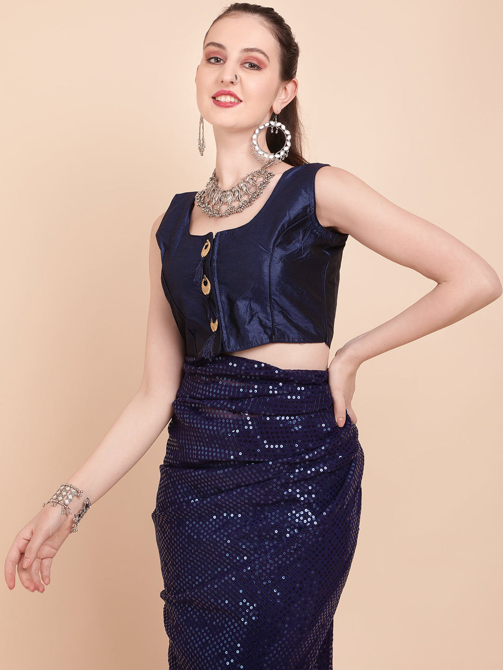 Sangria Navy Blue & Silver-Toned Sequin Embellished Pure Georgette Saree | Grocsy