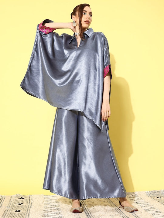 InWeave Women's Grey Pink Brocade Satin Boho Kurta Palazzo Set | Grocsy