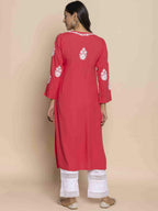 HOUSE OF KARI Floral Chikankari Embroidered Notched Round Neck Straight Kurta | Grocsy