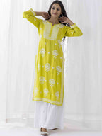 HOUSE OF KARI Floral Chikankari Embroidered Cotton Straight Kurta | Grocsy