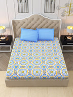 DREAM WEAVERZ Blue & Yellow Cotton Ethnic Motifs 300 TC Double Bedsheet with 2 Pillow Covers | Grocsy
