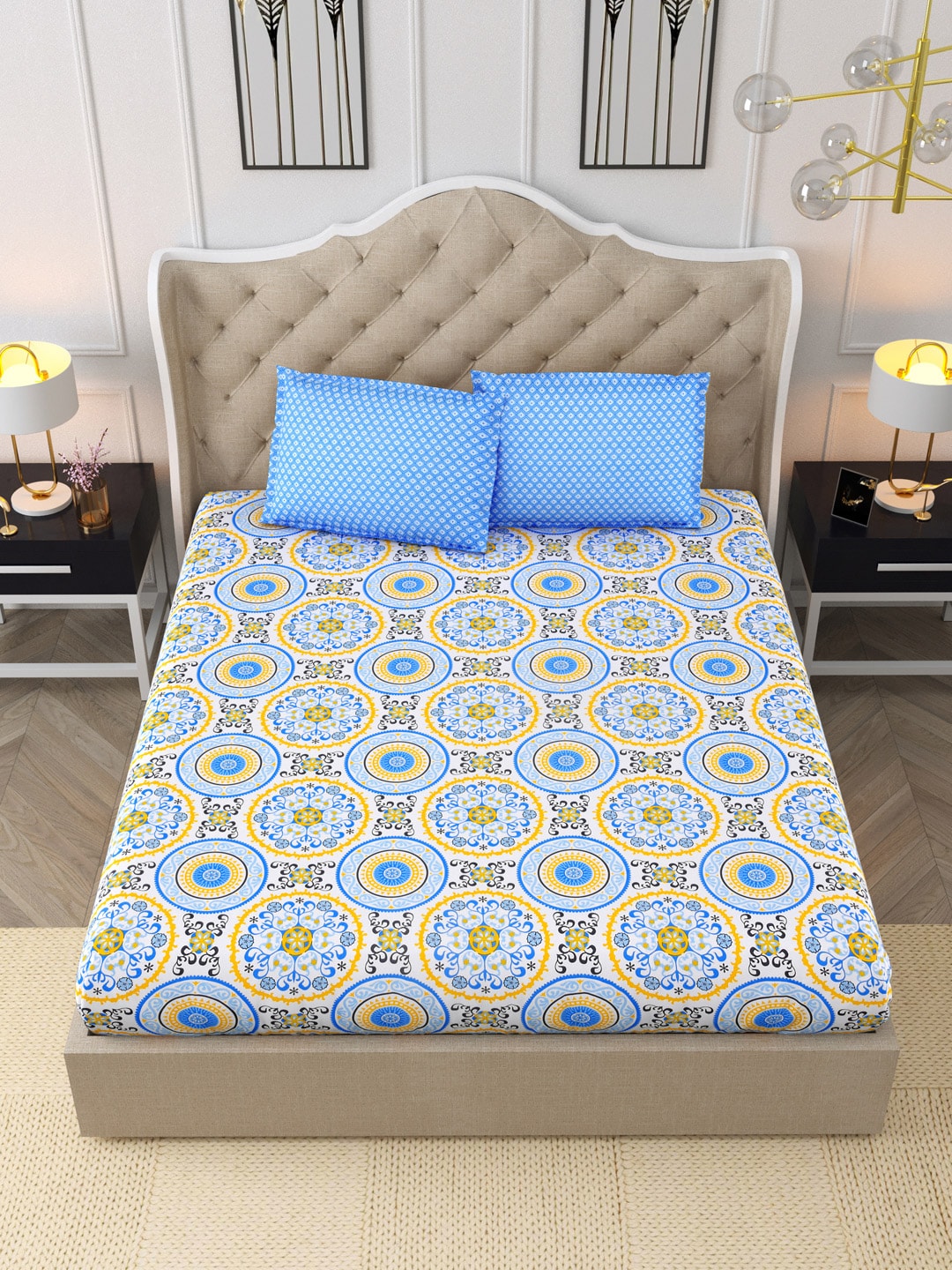 DREAM WEAVERZ Blue & Yellow Cotton Ethnic Motifs 300 TC Double Bedsheet with 2 Pillow Covers | Grocsy