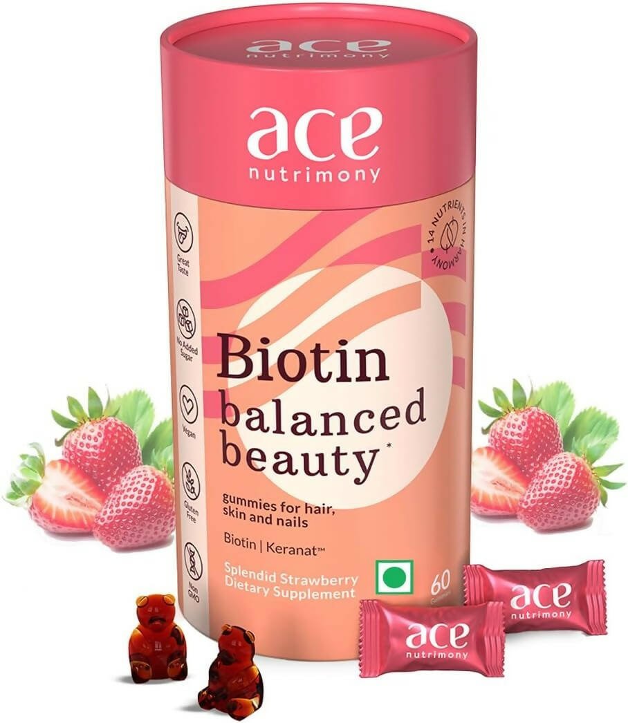 Ace Nutrimony Biotin Balanced Beauty Hair Gummies for Skin and Nails with Clinically Proven Keranat, Biotin - Strawberry | Grocsy