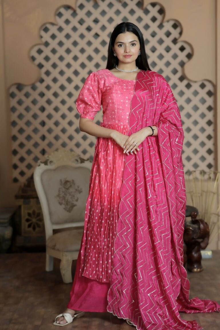 Jyoti Fashion Women's Pink Muslin Floral Print with Crush Pleating Kurta with Trouser & Dupatta | Grocsy