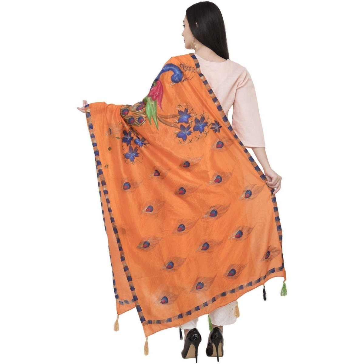 A R Silk Silk Peacock Multi Fancy Dupatta Color Orange Dupatta or Chunni | Grocsy