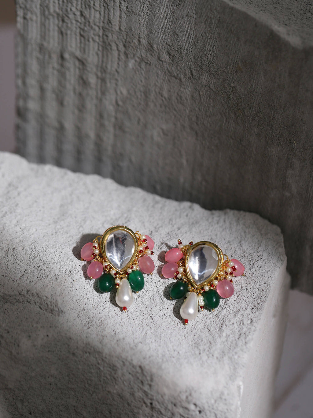 Gold-Toned White Kundan Contemporary Gold-Polished Drop Earrings - Ruby Raang | Grocsy