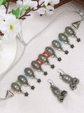 NVR Women's Silver-Plated Choke Oxidized Necklace with Jhumka Earrings | Grocsy