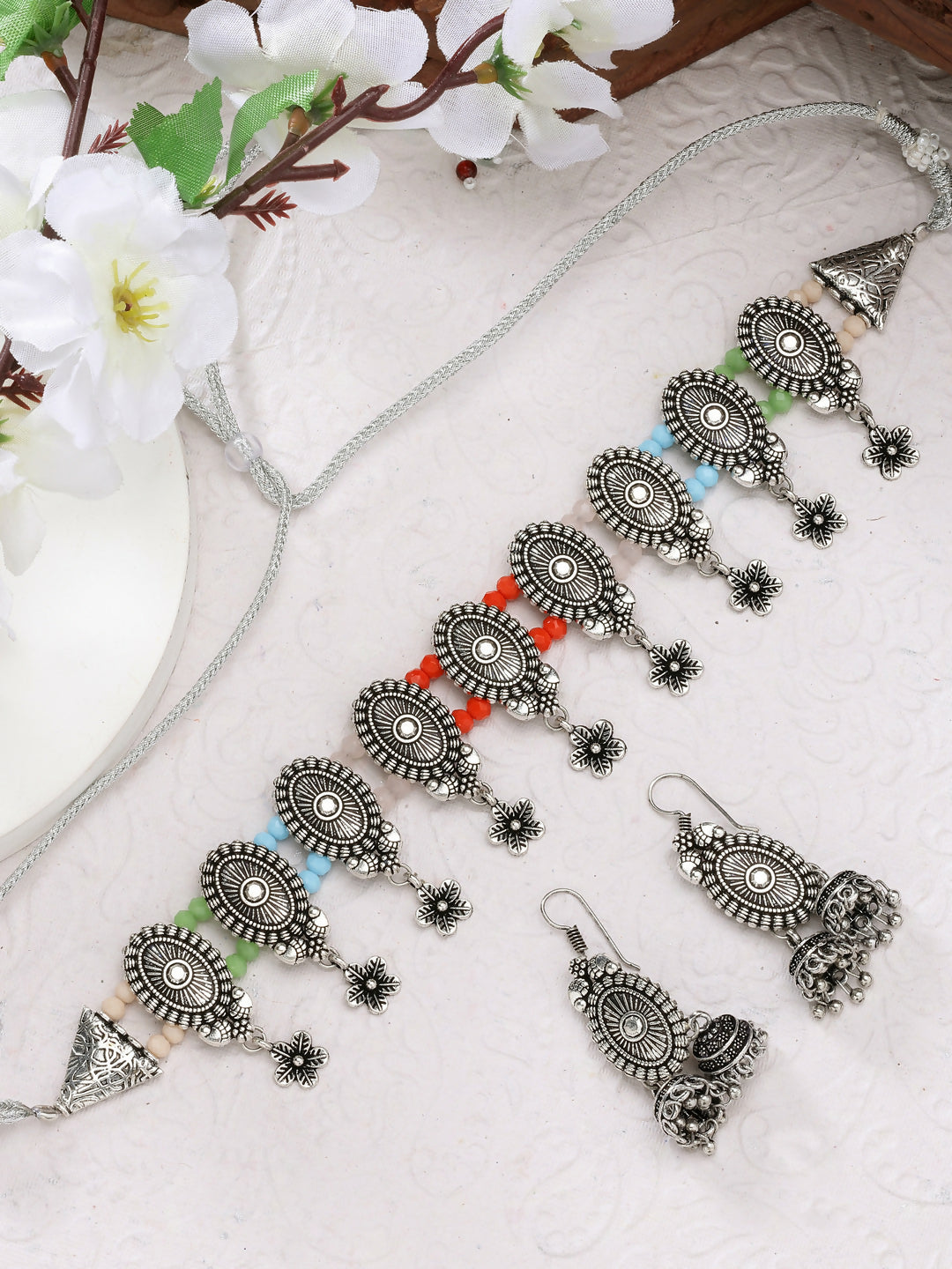 NVR Women's Silver-Plated Choke Oxidized Necklace with Jhumka Earrings | Grocsy