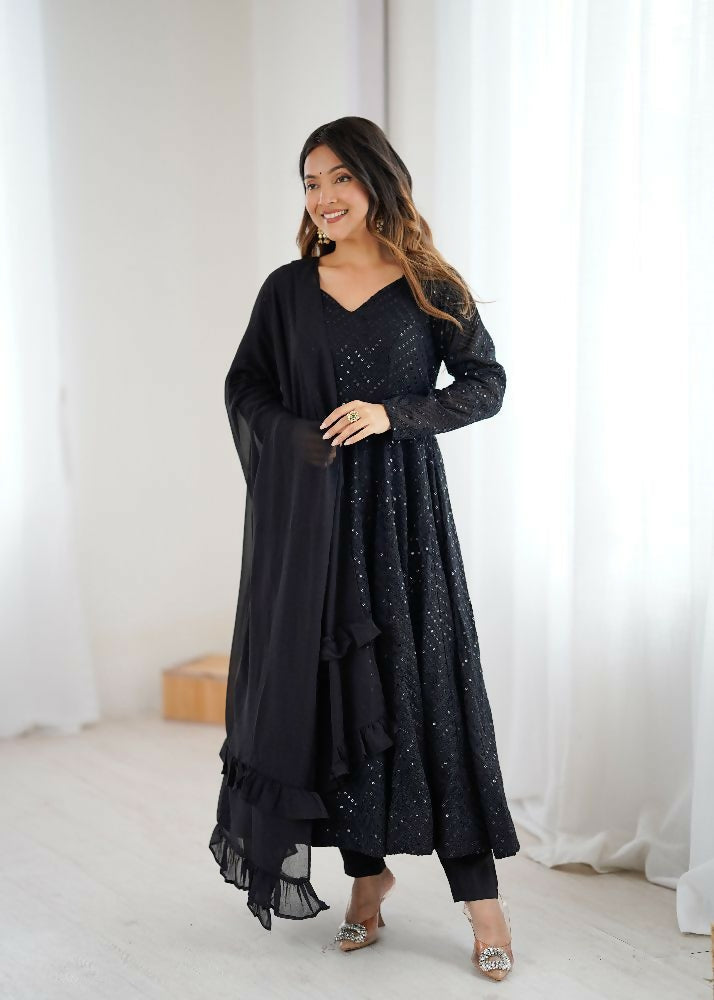 The52 Women's Gorgeous Embroidery Fox Georgette Fabric Flared Anarkali Pant and Dupatta Set | Grocsy