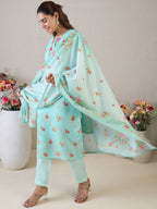 Indo Era Women Floral Embroidered Thread Work Linen Kurta with Trousers & With Dupatta | Grocsy