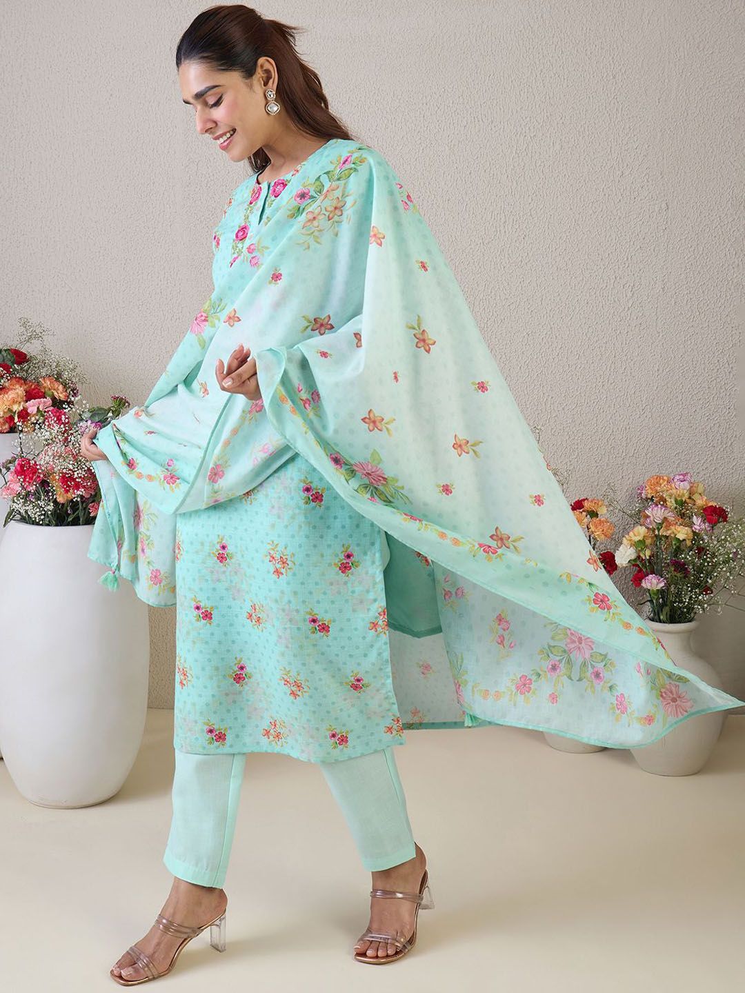 Indo Era Women Floral Embroidered Thread Work Linen Kurta with Trousers & With Dupatta | Grocsy