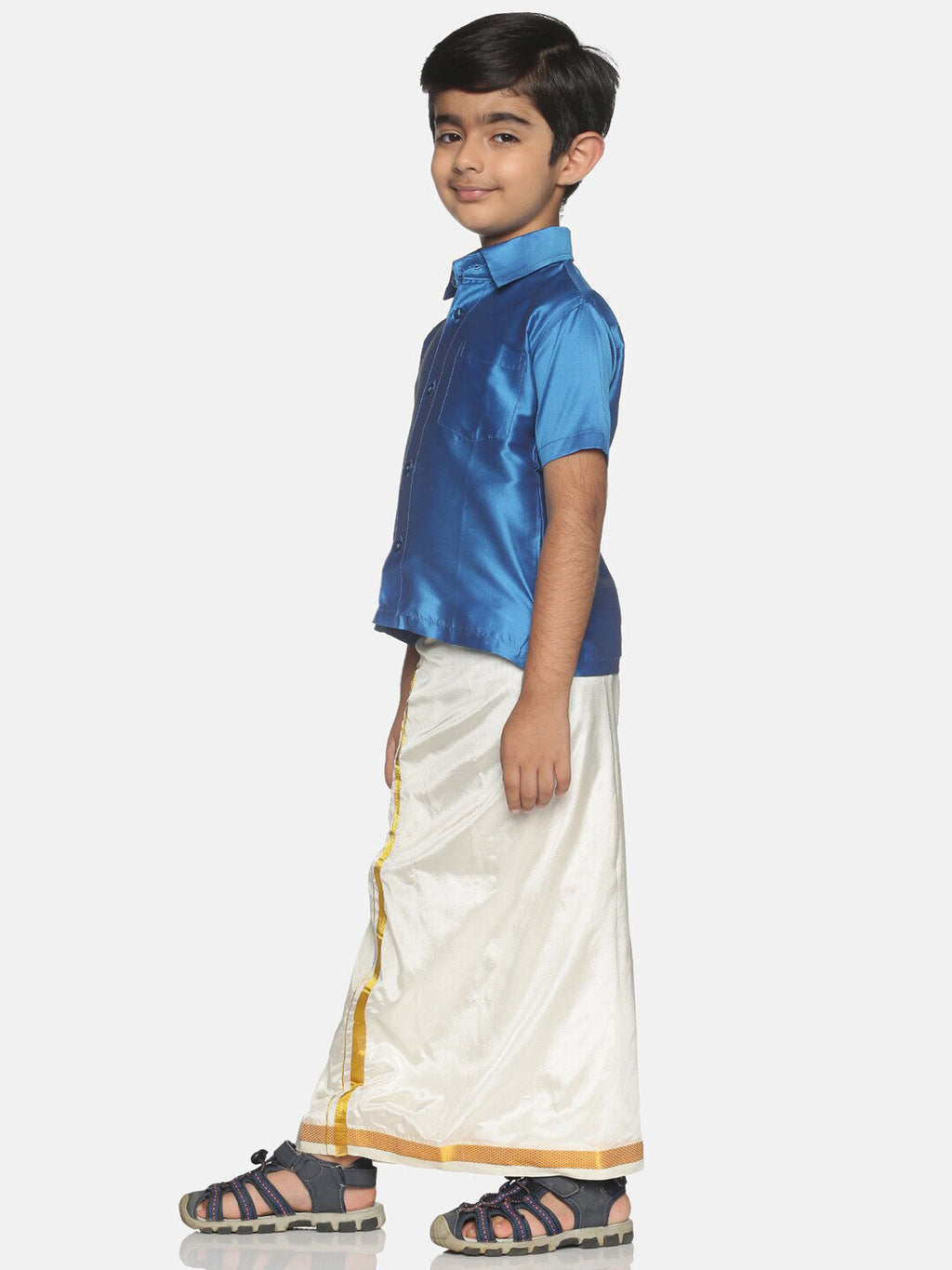 Sethukrishna Boys Blue & White Shirt with Veshti Set (GENIE-67846) | Grocsy