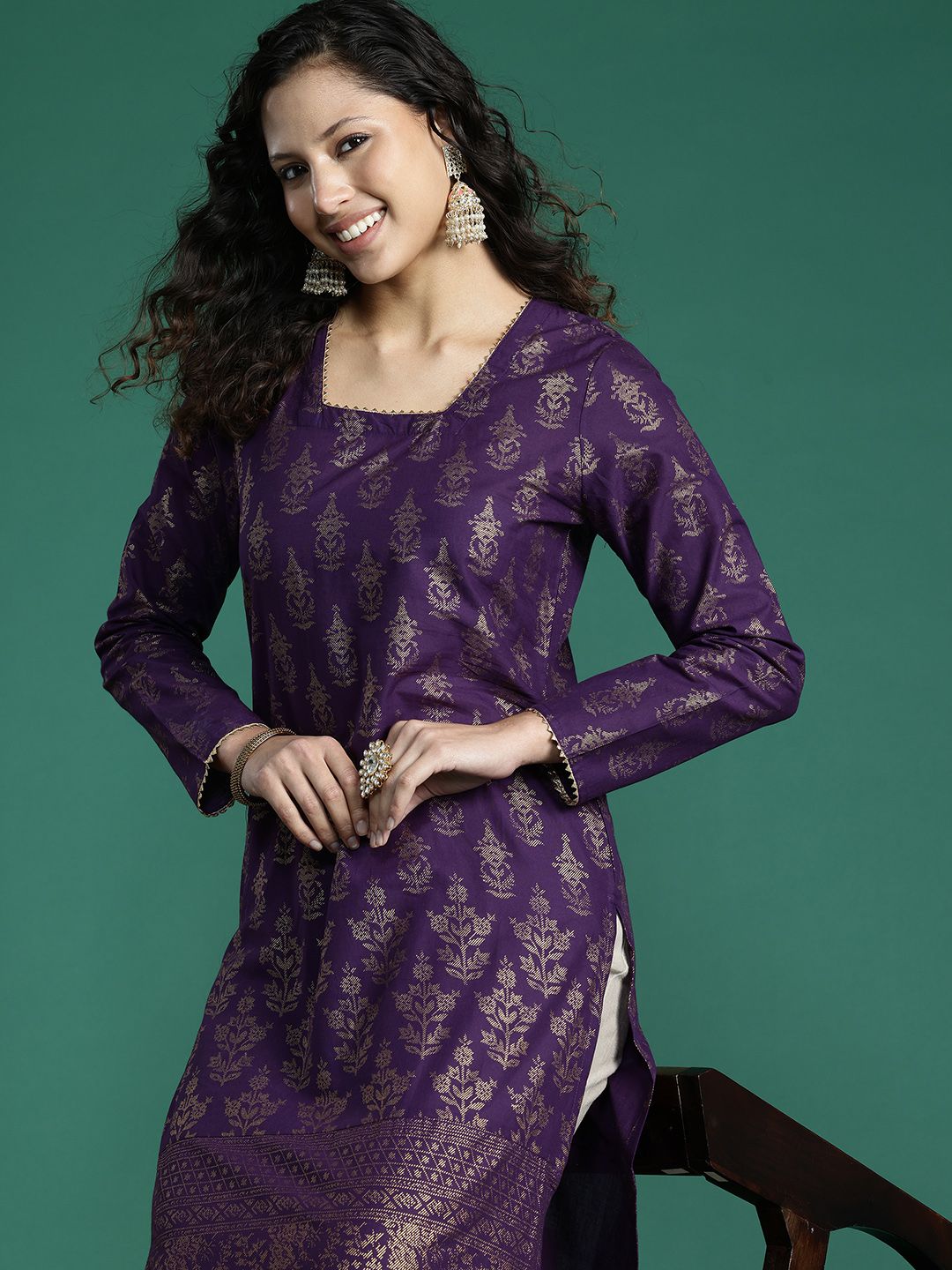 Sangria Ethnic Motifs Printed Gotta Patti Kurta | Grocsy