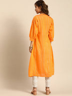 Sangria Women Jacquard Chanderi Silk Tie-Up Neck Puff Sleeves Kurta With Sequin Detail | Grocsy