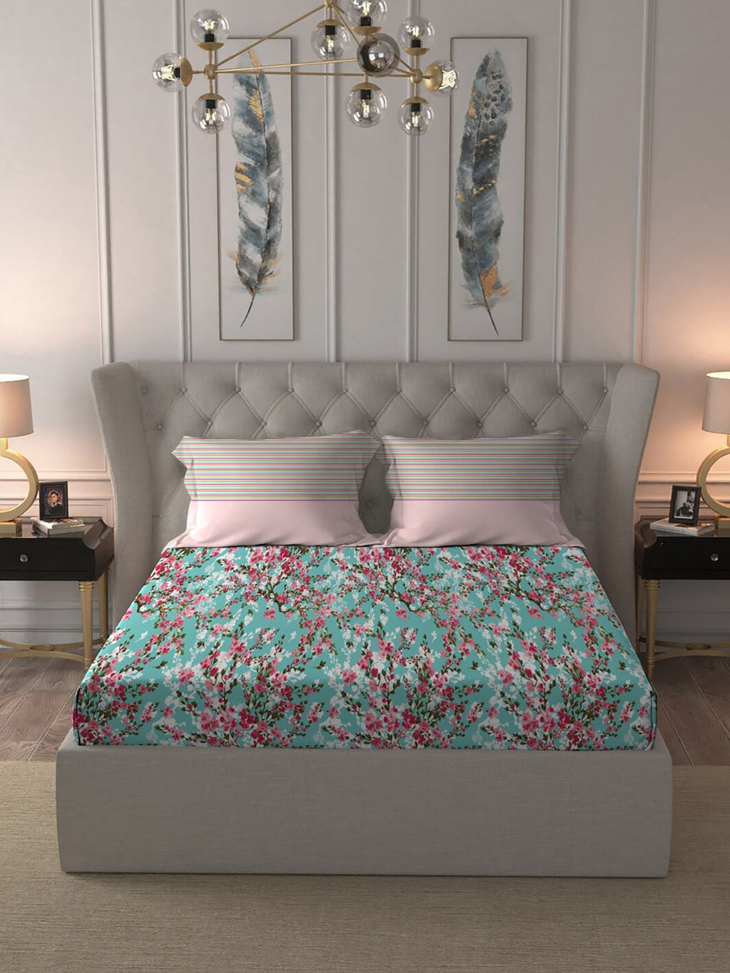 MYTRIDENT Turquoise Blue Pink Floral Pure Cotton 144 TC Queen Bedsheet 2 Pillow Covers | Grocsy