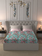 MYTRIDENT Turquoise Blue Pink Floral Pure Cotton 144 TC Queen Bedsheet 2 Pillow Covers | Grocsy